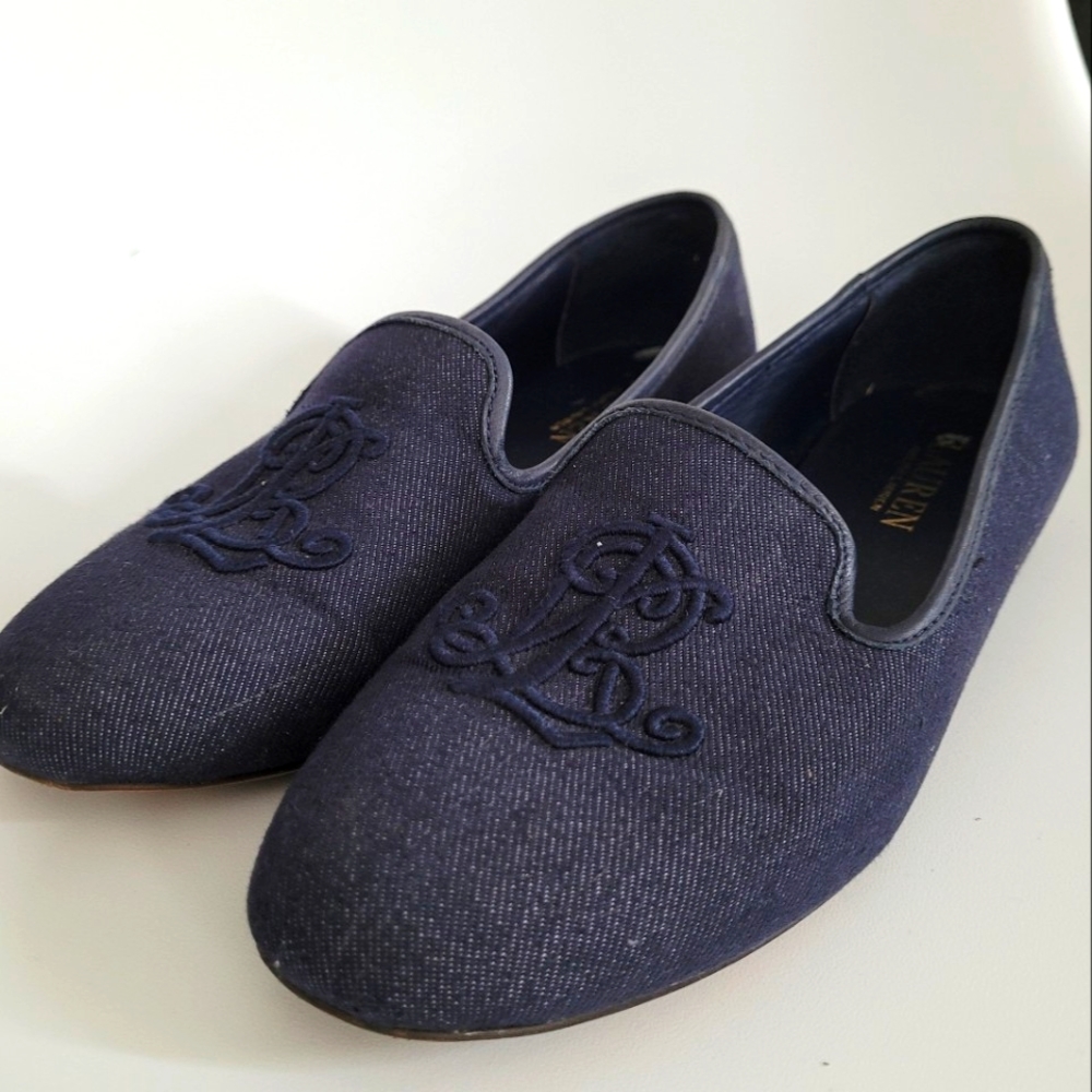 Ralph Lauren Coleena III Navy Jeans Canvas Mocasins Size 8.5 us RL Initials
